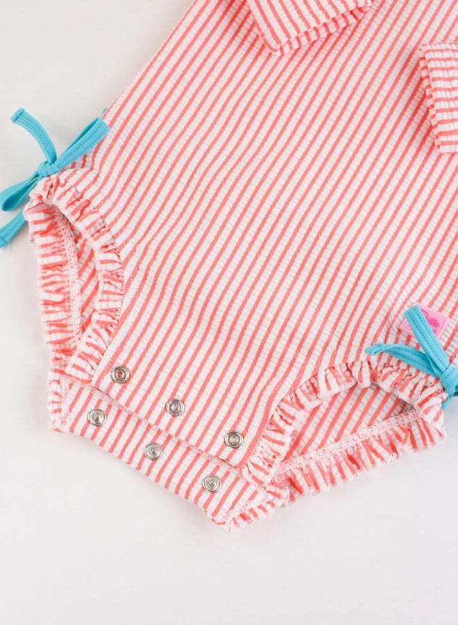 RuffleButts Coral Seersucker Long Sleeve One Piece Rash Guard - 6-12m - Image 4