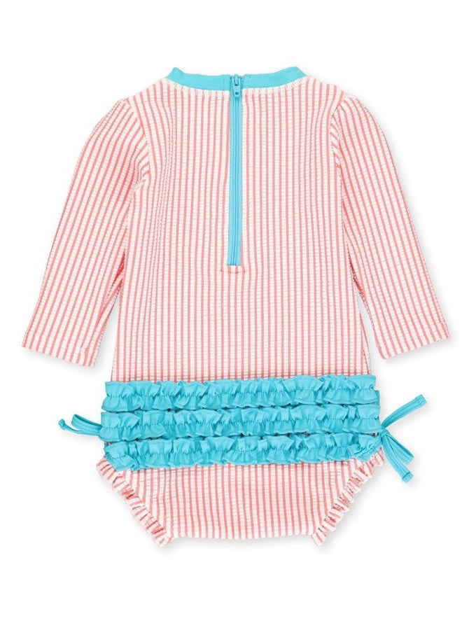 RuffleButts Coral Seersucker Long Sleeve One Piece Rash Guard - 6-12m - Image 3