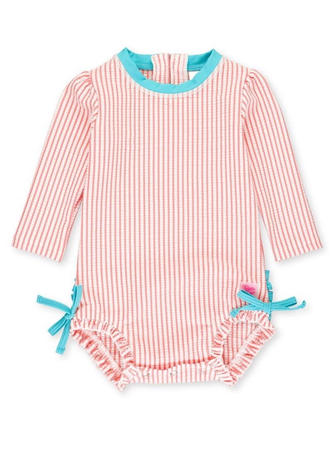 RuffleButts Coral Seersucker Long Sleeve One Piece Rash Guard - 6-12m - Image 1
