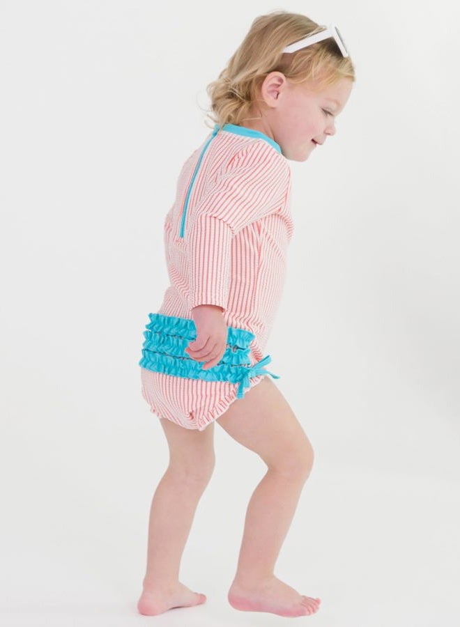 RuffleButts Coral Seersucker Long Sleeve One Piece Rash Guard - 6-12m - Image 2