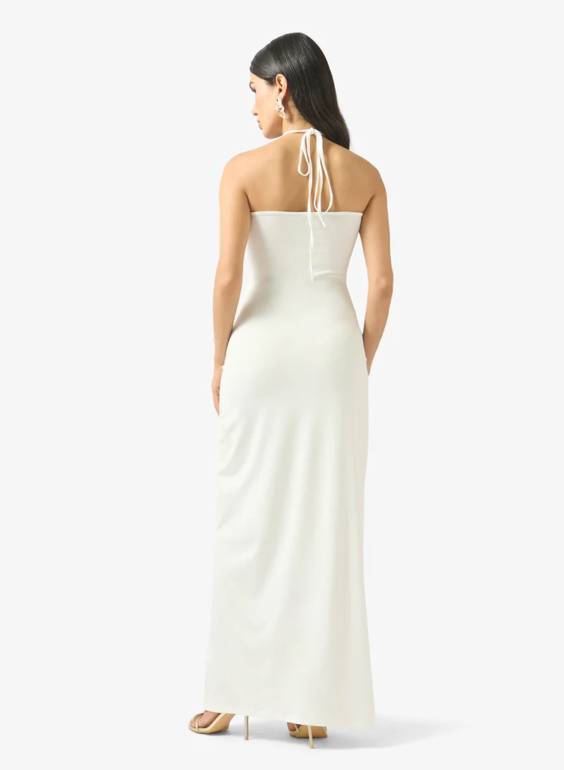 جينجر Halter Neck Draped Dress with Golden Accent