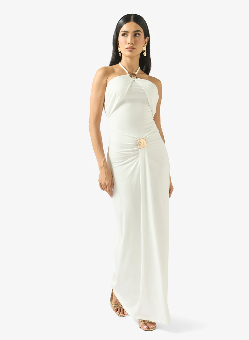 جينجر Halter Neck Draped Dress with Golden Accent