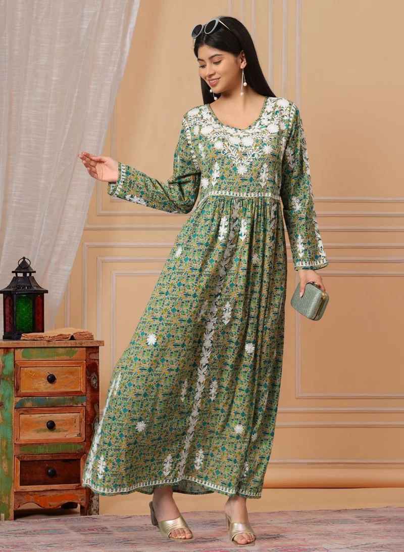 الايا جلابية قطنية مطبوعة مطرزة يدويًا من لاكناوي شيكانكاري-AL3936