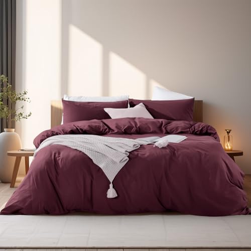 NEXHOME PRO Duvet Cover Set King Size Linen Look Textured Organic Natural 100 Washed Cotton Duvet Cover Burgundy Dark Red 3 Pieces Bedding Set with Zipper Breathable Soft No Comforter