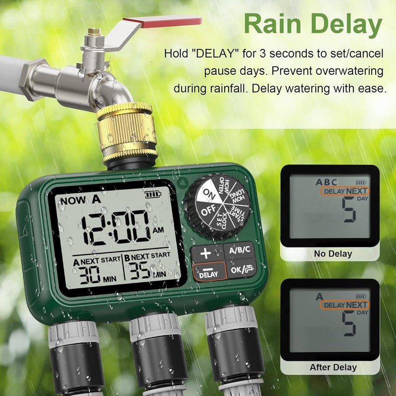 XinFuture Sprinkler Timer, Large LCD display 3 Zone,Water Timer,with Rain Delay, Manual & Automatic Watering System for Garden Hose Faucet, Outdoor Irrigation Controller - Image 4