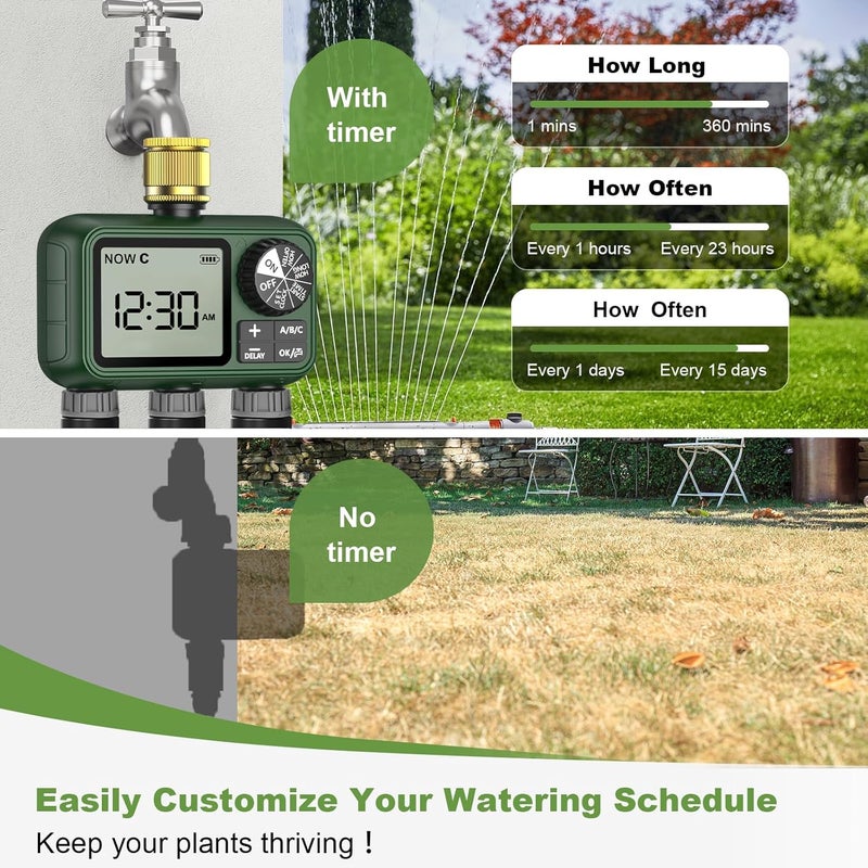 XinFuture Sprinkler Timer, Large LCD display 3 Zone,Water Timer,with Rain Delay, Manual & Automatic Watering System for Garden Hose Faucet, Outdoor Irrigation Controller - Image 3