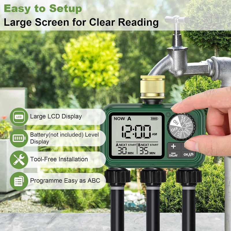 XinFuture Sprinkler Timer, Large LCD display 3 Zone,Water Timer,with Rain Delay, Manual & Automatic Watering System for Garden Hose Faucet, Outdoor Irrigation Controller - Image 5