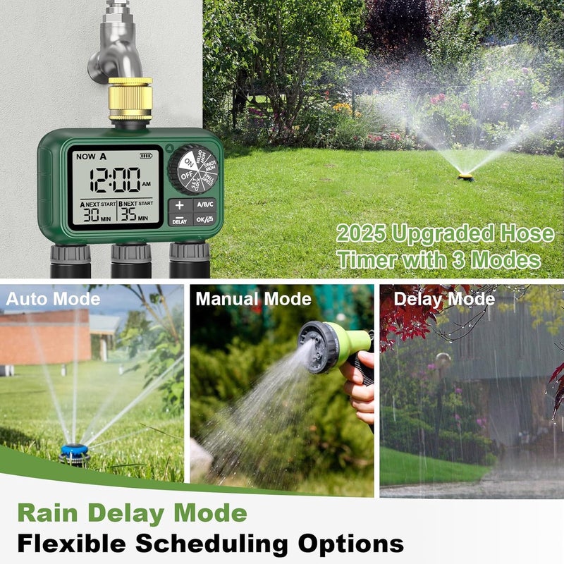 XinFuture Sprinkler Timer, Large LCD display 3 Zone,Water Timer,with Rain Delay, Manual & Automatic Watering System for Garden Hose Faucet, Outdoor Irrigation Controller - Image 2