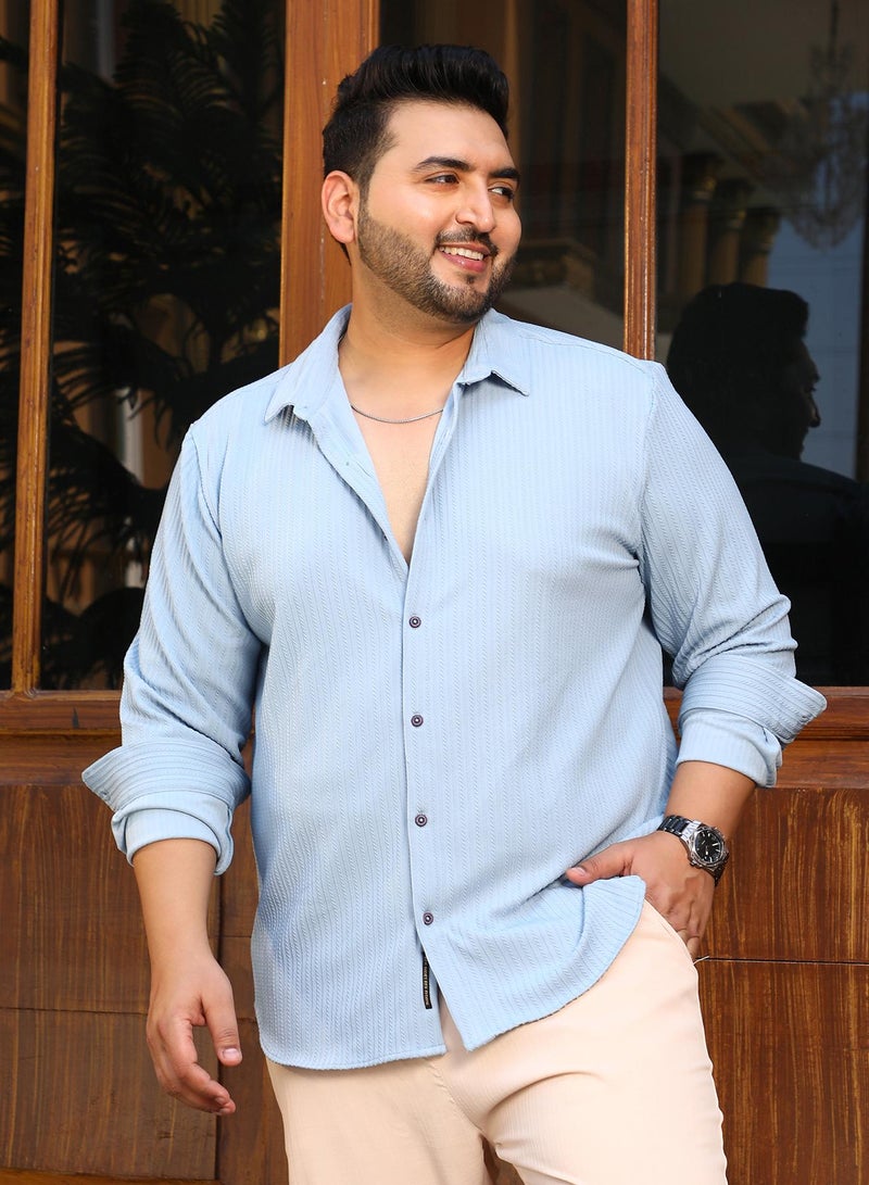 Instafab Plus Instafab Plus Men's Baby Blue Rope-Striped Tactile Shirt For Casual Wear | Spread Collar | Long Cuffed Sleeves | Button Closure | Plus Size Shirt Crafted With Comfort Fit For Everyday Wear - Image 3