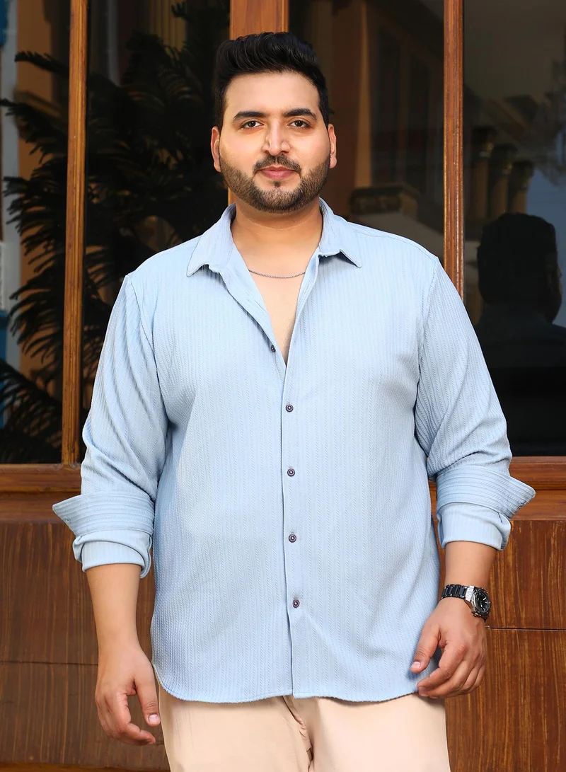 Instafab Plus Instafab Plus Men's Baby Blue Rope-Striped Tactile Shirt For Casual Wear | Spread Collar | Long Cuffed Sleeves | Button Closure | Plus Size Shirt Crafted With Comfort Fit For Everyday Wear