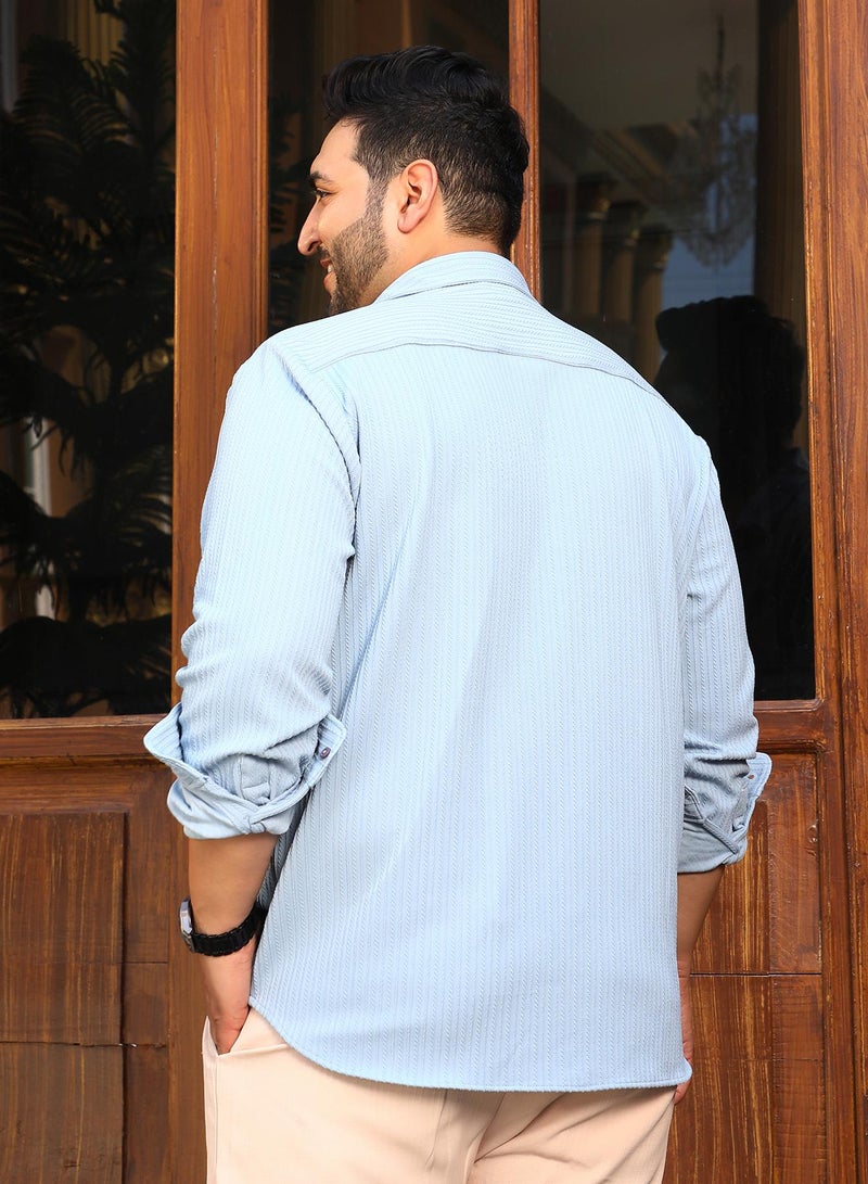 Instafab Plus Instafab Plus Men's Baby Blue Rope-Striped Tactile Shirt For Casual Wear | Spread Collar | Long Cuffed Sleeves | Button Closure | Plus Size Shirt Crafted With Comfort Fit For Everyday Wear - Image 5