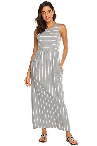 Hount Women's Casual Striped Sleeveless Tank Maxi Dresses with Pockets (Grey, X-Large) - Image 3