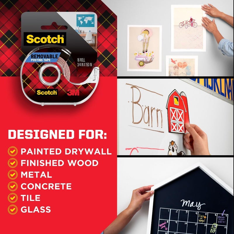 Scotch  Removable Poster Tape 3/4 In X 150 In (19Mm X 3.8M) Clear Color Ideal For Poster, Paper, Cardboard Multi-Surface Easy To Use Double Sided Adhesive Tape 1 Roll/Dispenser - Image 4