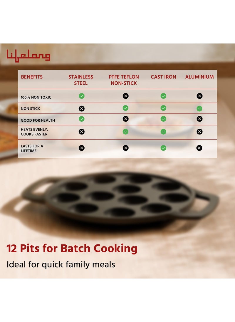 Lifelong Lifelong Cast Iron Paniyaram Pan 12 Pits | 0.54 L, 2kg | Pre-Seasoned Appam Pan, Unniyappam Chatty, Paddu Maker | Large Non-Toxic Cookware, Non-Stick & Teflon Free, Durable for Easy Cooking & Cleaning  - Image 3