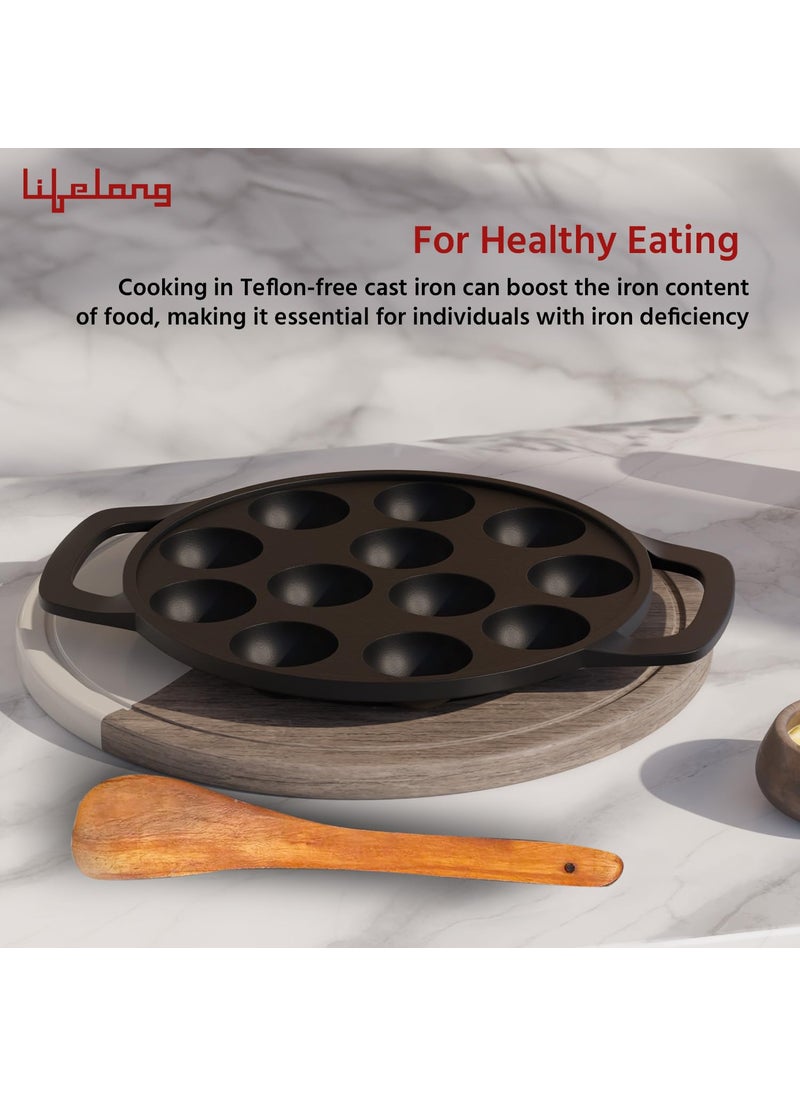 Lifelong Lifelong Cast Iron Paniyaram Pan 12 Pits | 0.54 L, 2kg | Pre-Seasoned Appam Pan, Unniyappam Chatty, Paddu Maker | Large Non-Toxic Cookware, Non-Stick & Teflon Free, Durable for Easy Cooking & Cleaning  - Image 4