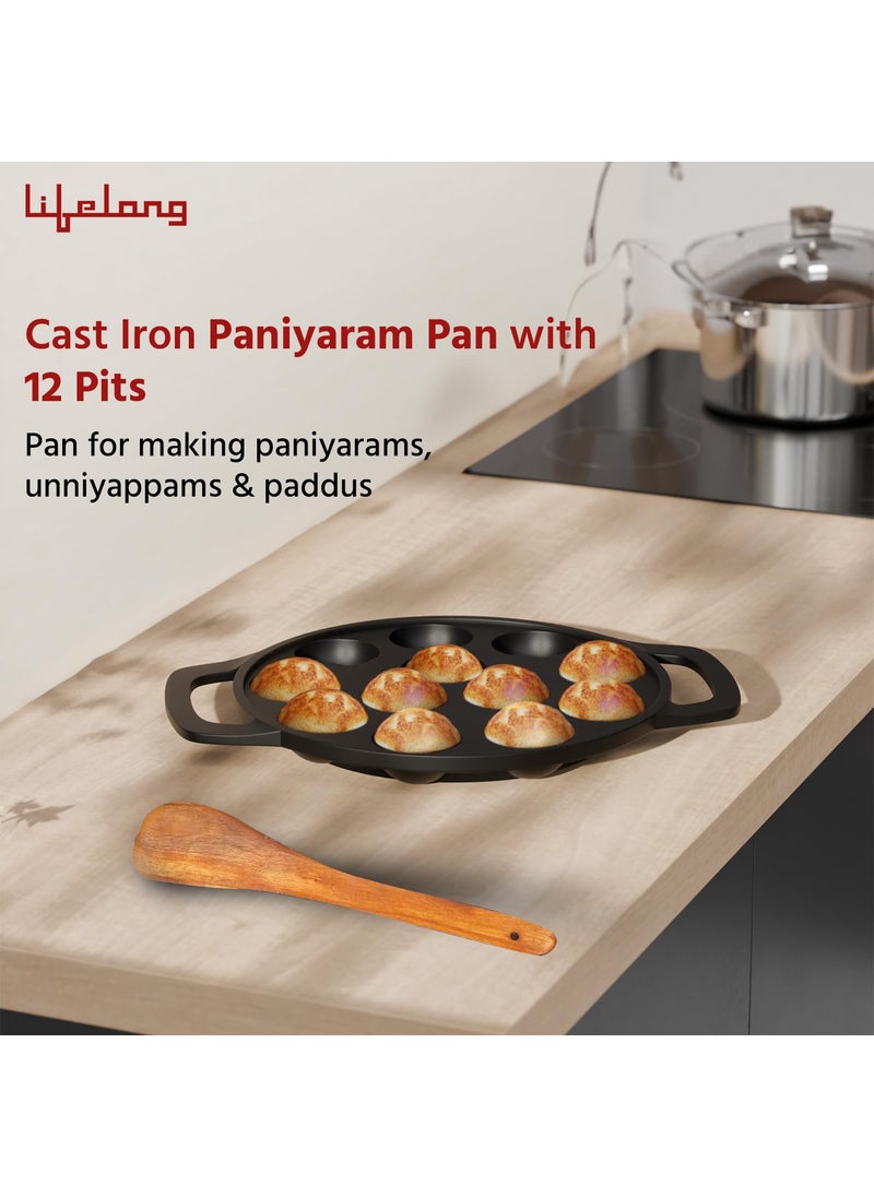 Lifelong Lifelong Cast Iron Paniyaram Pan 12 Pits | 0.54 L, 2kg | Pre-Seasoned Appam Pan, Unniyappam Chatty, Paddu Maker | Large Non-Toxic Cookware, Non-Stick & Teflon Free, Durable for Easy Cooking & Cleaning  - Image 5