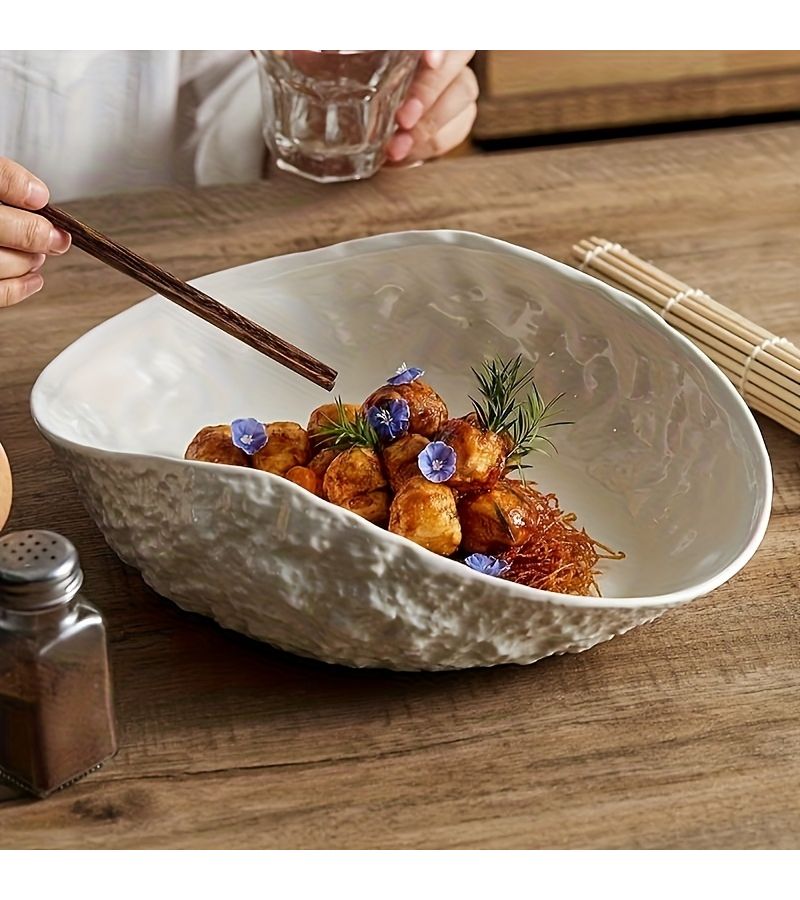New Creative Large Ceramic Fish Steaming Plate 8 Inches Seafood Dish Shell Shape Irregular Home Use Tableware Rock Pattern - Image 2