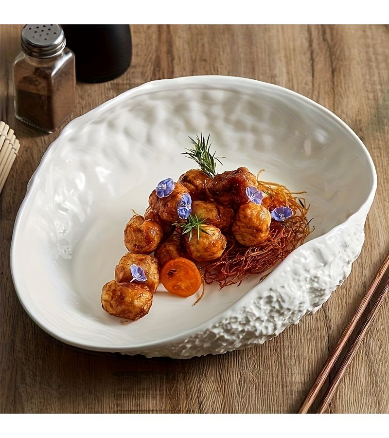 New Creative Large Ceramic Fish Steaming Plate 8 Inches Seafood Dish Shell Shape Irregular Home Use Tableware Rock Pattern - Image 1