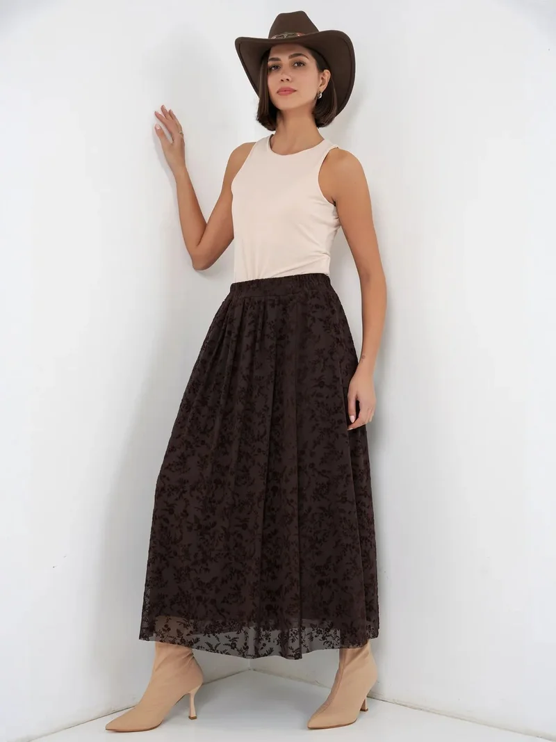 Big Dart Mocha Brown BDART High Waist Floral Maxi Skirt for Women | Best Price UAE