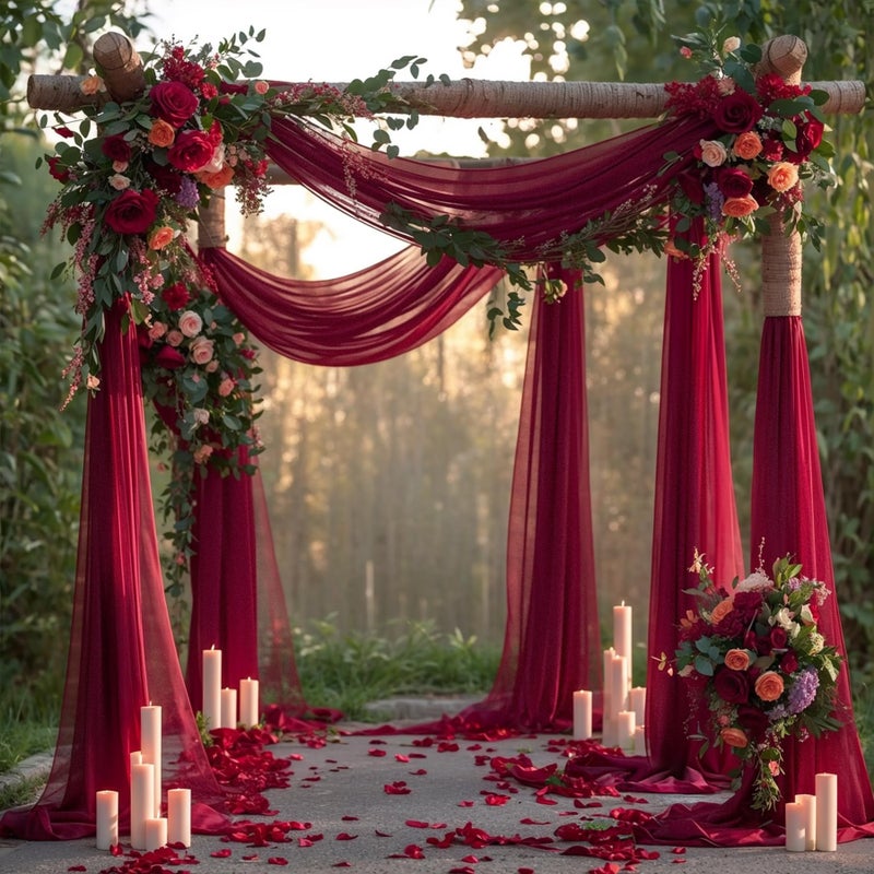 PARTISKY Wedding Arch Draping Fabric, 2 Panels Burgundy Sheer Backdrop Curtain Tulle Fabric Drapery for Arbor Wedding Archway Ceremony Party Ceiling Decor Backdrop - Image 1