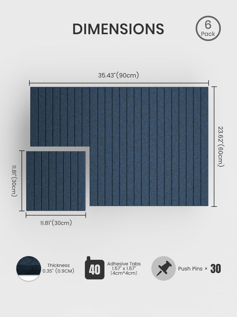Bumusty Large Cork Board Alternative-36 x 24" Felt Bulletin Board Tiles, with 30 Pushpins, 40 Adhesive Tabs, 6-Pack Slat Wall Paneling, Cork Boards for Office Push Pin Board Felt Board-Navy Blue - Image 2