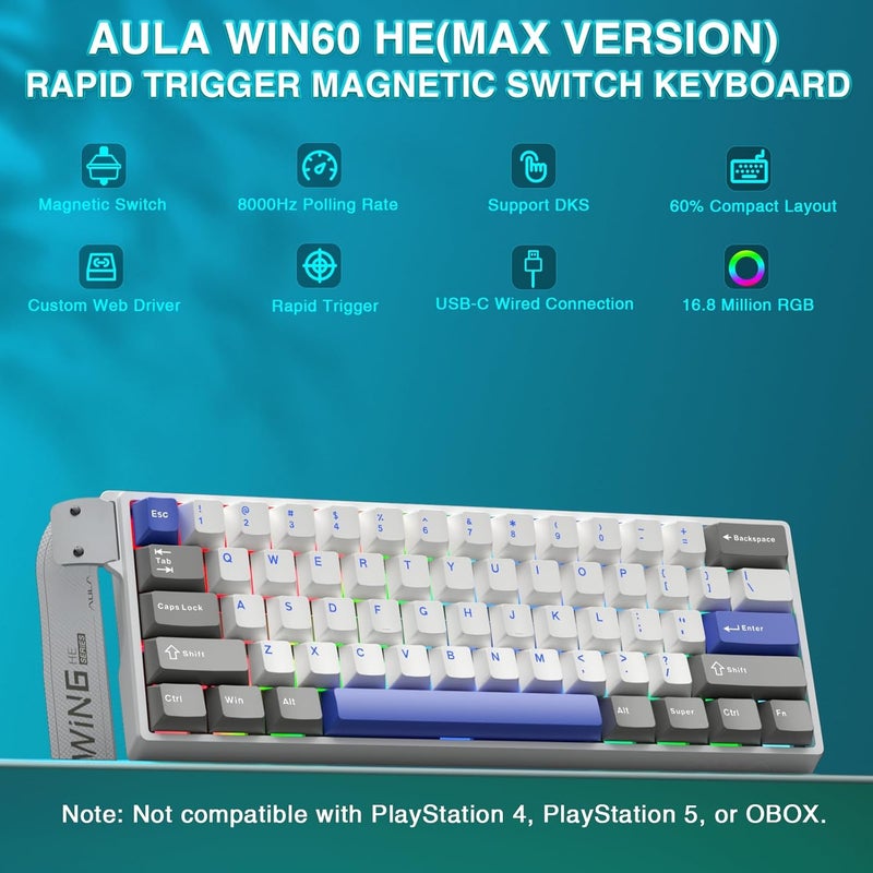 CORBOBO AULA WIN60 HE MAX - لوحة مفاتيح ألعاب ميكانيكية سلكية بنسبة 60%، مفاتيح مغناطيسية بتأثير هول قابلة للتبديل السريع، تشغيل قابل للتعديل مع وضع الزناد السريع، معدل استقصاء 8000 هرتز، لوحة مفاتيح بتصميم مضغوط بنسبة 60% - Image 2