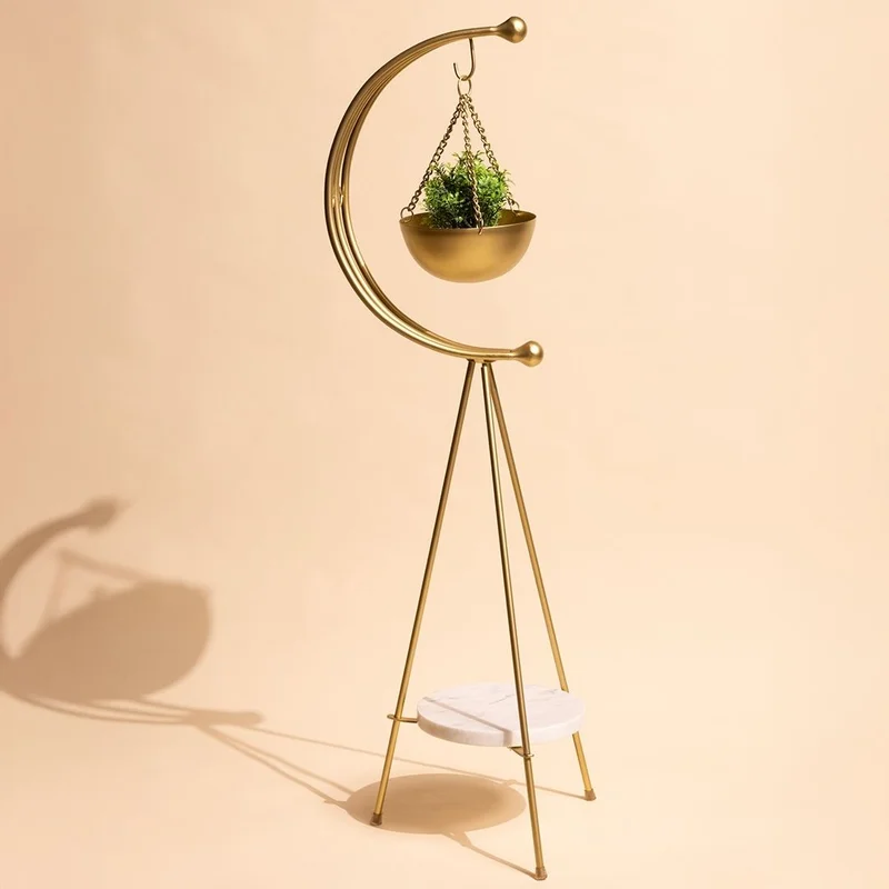 Muun Home Muun Home Gold and White Tripod Planter | Modern Indoor Metal Plant Stand with Marble Base | Luxury Floor Planter for Living Room, Balcony & Entryway Décor | Handmade in India