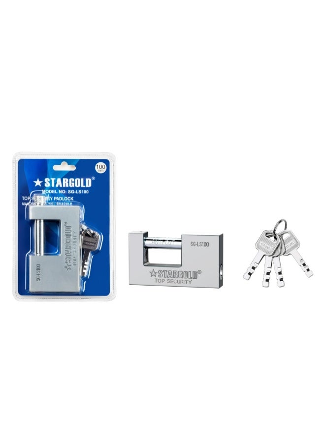 ستارجولد قفل أمان عالي الجودة، مقاس 100 مم، مصنوع من الفولاذ المقاوم للصدأ عالي الأمان، مع قيد من الفولاذ المنغنيز و4 مفاتيح، مقاوم للقطع والصدأ، مناسب للبوابات والمستودعات والاستخدام الخارجي، SG-LS100 - Image 2