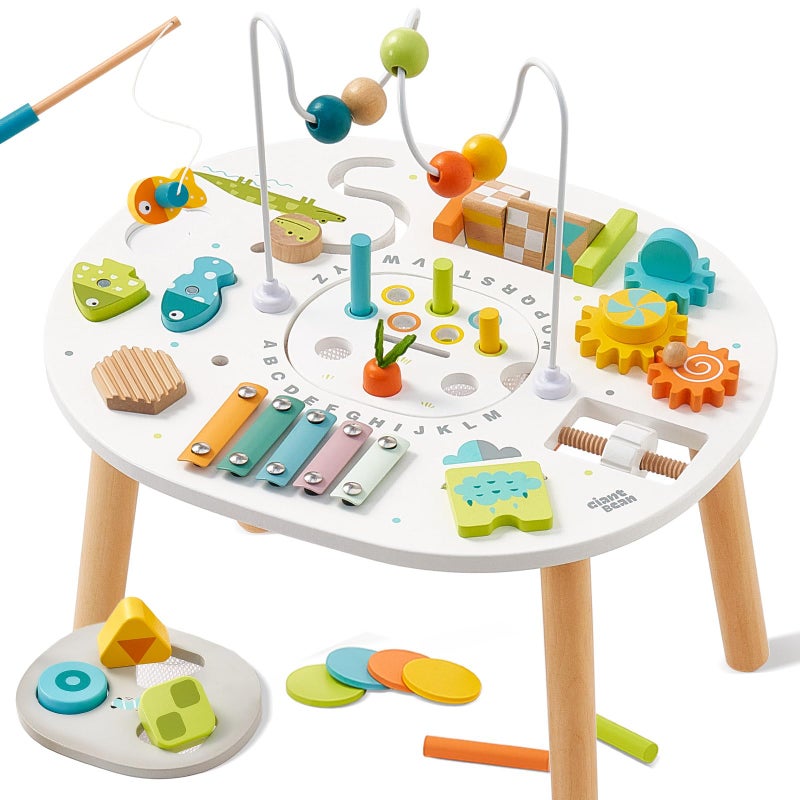 Giant bean Wooden Activity Table for 1 Year Old 11in1 Montessori Learning Table with Bead Maze Shape Sorter Fishing Game More Sensory Development Toy for Toddlers Ideal 1st Birthday Gift - Image 2