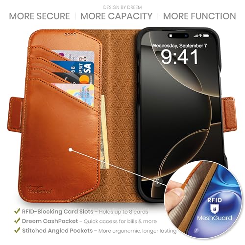 Dreem Wallet Case for iPhone 16 Pro Max Revolutionary VertHor Phone Stand Magnetic Detachable Vegan Leather Flip Cover RFID Blocking Card Holder MagSafeFit Gift Box Fibonacci Caramel - Image 3