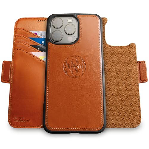 Dreem Wallet Case for iPhone 16 Pro Max Revolutionary VertHor Phone Stand Magnetic Detachable Vegan Leather Flip Cover RFID Blocking Card Holder MagSafeFit Gift Box Fibonacci Caramel - Image 1