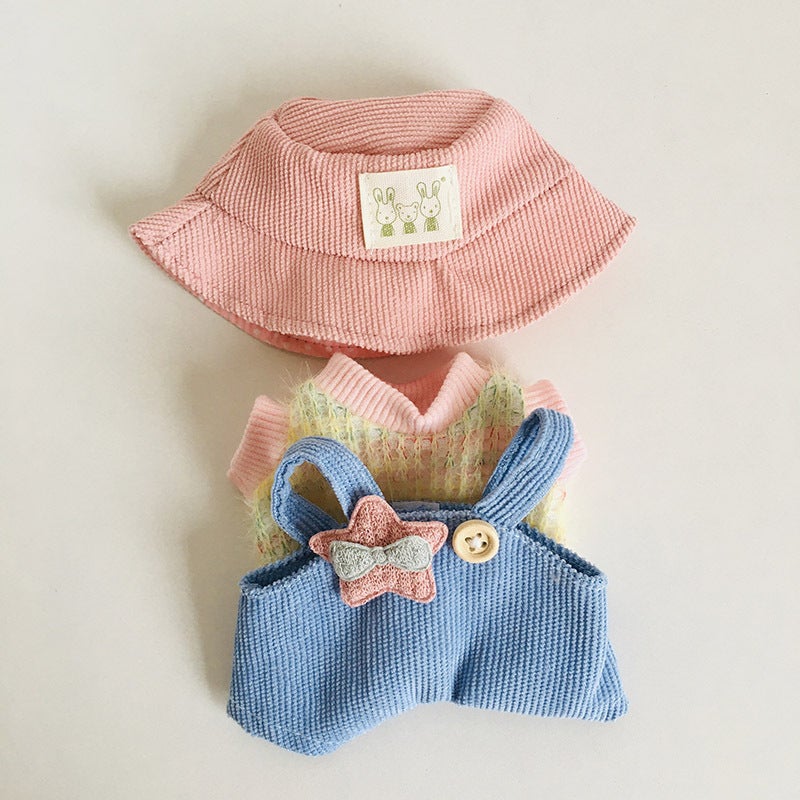 17cm Plush Doll Rubber T-Shirt Suspenders Outfit Pink Open Hat Rainbow Sweater Blue Strap Pants