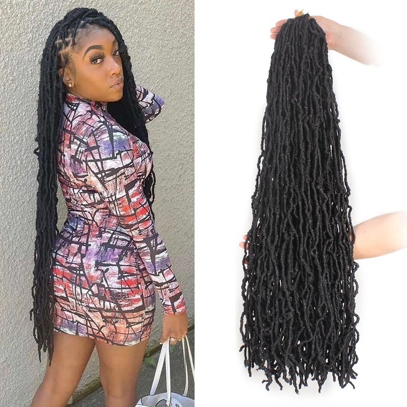 Leeven 30 Inch New Soft Faux Locs Crochet Braids Hair 7 Packs Natural Black Boho Goddess Locs Pre Looped Long Butterfly Crochet Locs Curly Wavy Synthetic Hair Extension for Women 15 StrandsPack 1B