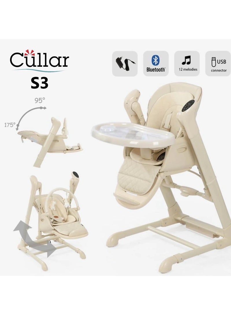 كرسي إطعام الأطفال Cullar S3 مع بلوتوث | إمالة قابلة للتعديل (من 95° إلى 175°) | 12 نغمة، منفذ USB، تصميم قابل للطي | صينية سهلة التنظيف، حزام أمان خماسي النقاط، ومقعد مريح مبطّن.