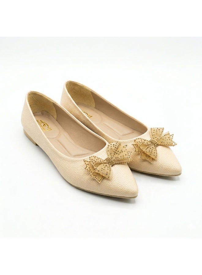 لايف ستيلاش  باليرينا مسطحة جلدية مدببة مع فيونكة BN-519 - G بيج - Image 1