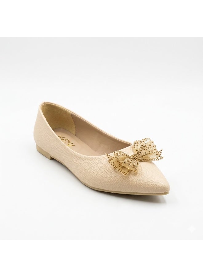 لايف ستيلاش  باليرينا مسطحة جلدية مدببة مع فيونكة BN-519 - G بيج - Image 2