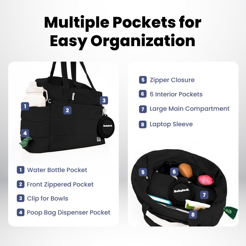 rubyloo Puffer Dog Travel Bag for Dog Moms â€“ Doggy Diaper Bag with Pet Bowls & Food Storage or Everyday Puffy Tote â€“ Doggy Mom Gifts for Women â€“ Lightweight, Travel-Ready Gift for Pet Lovers - Black - Image 4