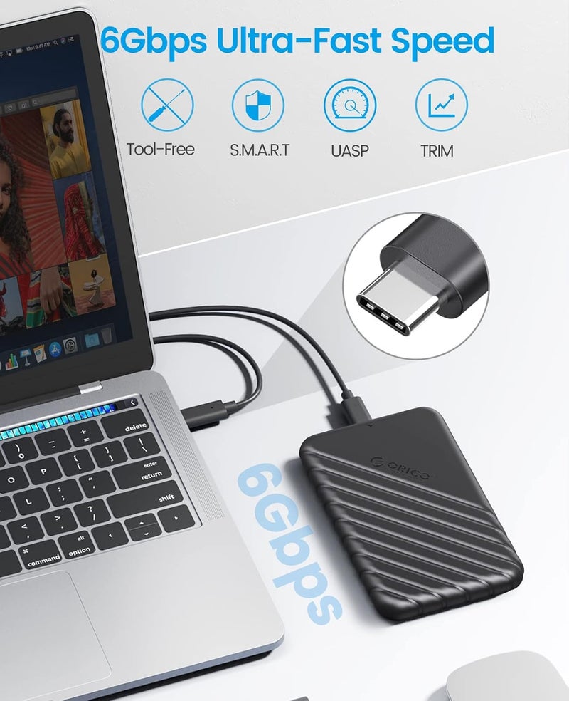 Orico USB C Hard Drive Enclosure with USB C to C Cable for 2.5 inch SATA SSD HDD 6Gbps External Hard Drive Case Tool-free with UASP for MacBook Pro Air,Black (25PW1C-C3) - Image 2