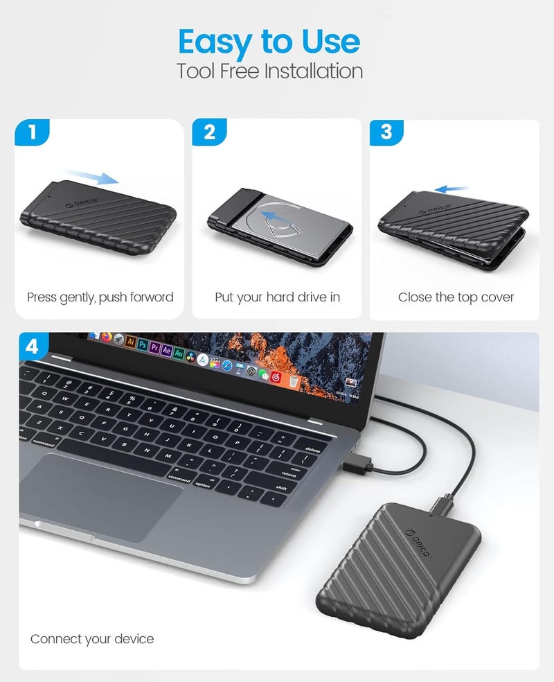 Orico USB C Hard Drive Enclosure with USB C to C Cable for 2.5 inch SATA SSD HDD 6Gbps External Hard Drive Case Tool-free with UASP for MacBook Pro Air,Black (25PW1C-C3) - Image 5