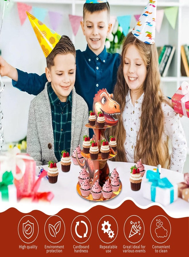 PDFans Dinosaur Cupcake Stand, 3 Tire Cupcake Stand Holder Dinosaur Themed Cup Cake Display Stand Dessert Tower Tiered Tray Stand for Kids Dinosaur Jungle Party Birthday Supplies (Dinosaur-2pcs) - Image 3