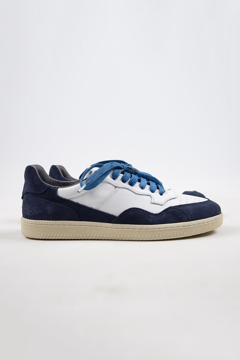 Krahe Artemis Men's Genuine Leather Distressed Hand-Painted Sneakers with Laces and Two Spare Laces, White and Blue - Image 2