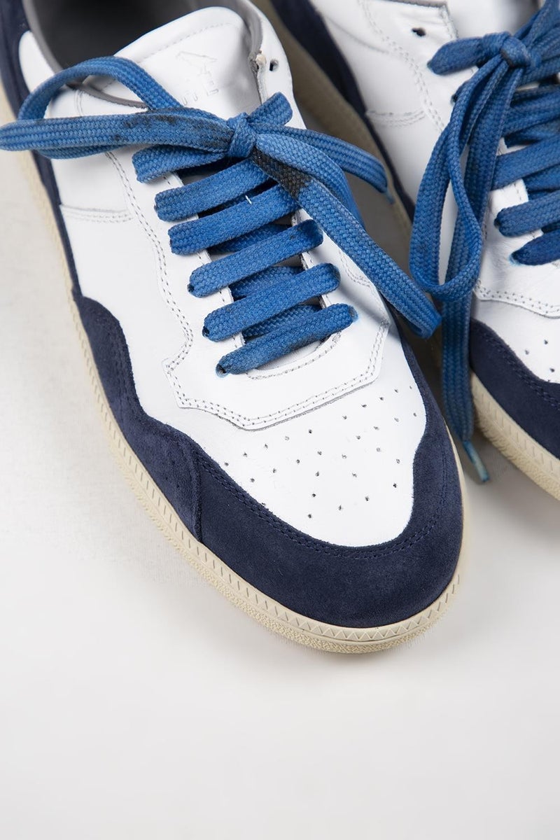 Krahe Artemis Men's Genuine Leather Distressed Hand-Painted Sneakers with Laces and Two Spare Laces, White and Blue - Image 4