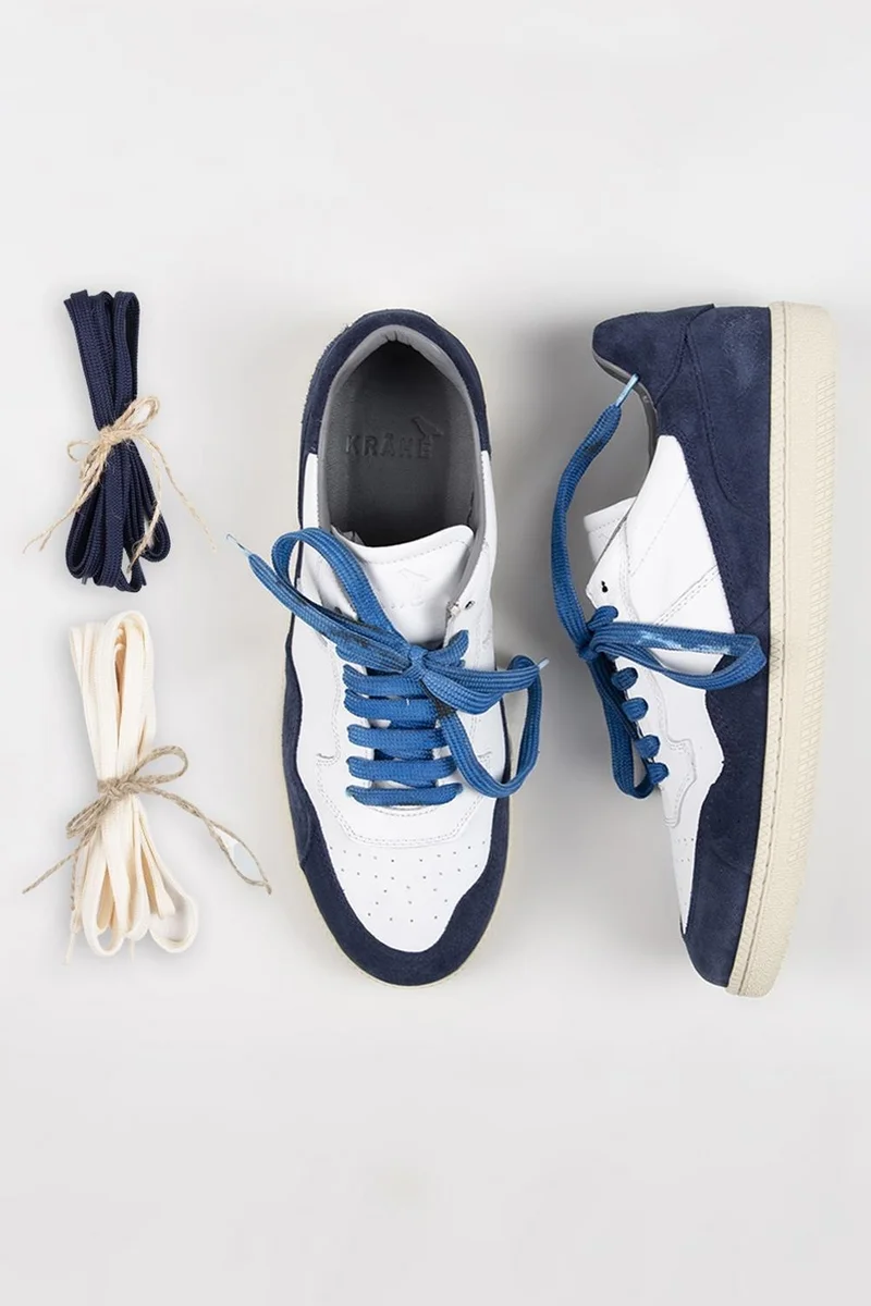 Krahe Krahe Artemis Men's Genuine Leather Distressed Hand-Painted Sneakers with Laces and Two Spare Laces, White and Blue