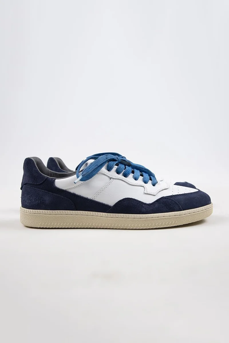 Krahe Krahe Artemis Men's Genuine Leather Distressed Hand-Painted Sneakers with Laces and Two Spare Laces, White and Blue