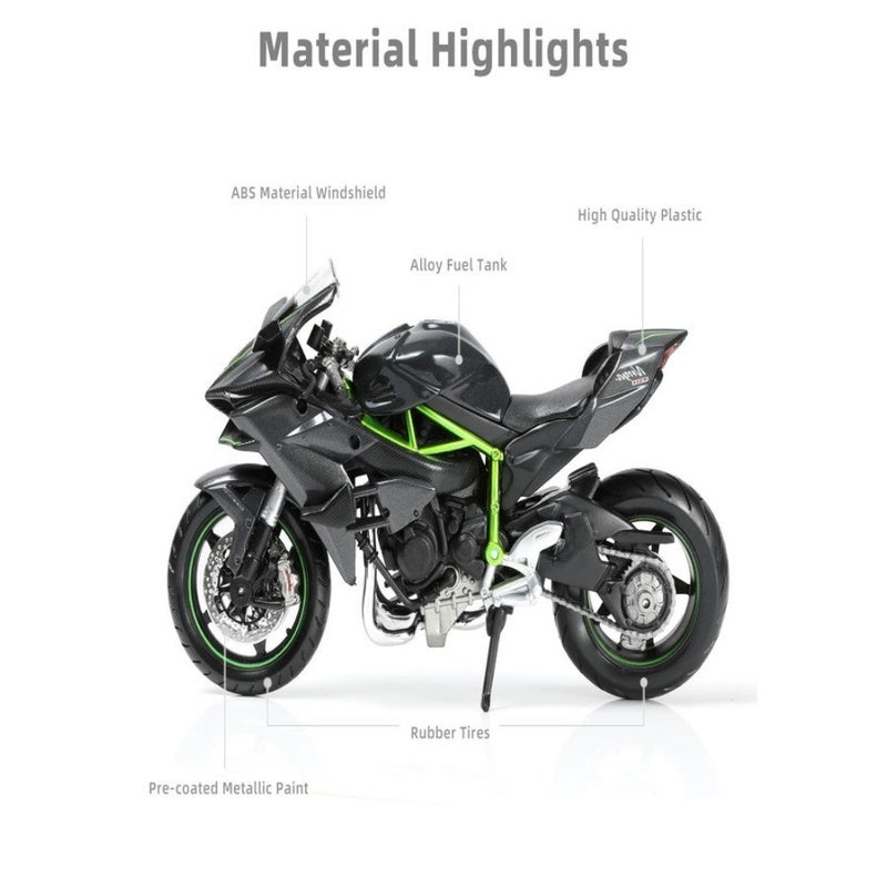 Risopen Compatible for 1:12 Kawasaki Ninja H2R Motorcycle Model Toy Die-cast Metal Mini Motorbike Toy for Boys and Adults Black Moto Model Collectible Gift - Image 3