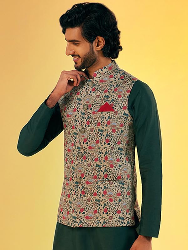 KISAH Men's Nehru Jacket, Olive Cotton Blend, Printed Regular Fit Mandarin Collar Sleeveless (M) - Image 3