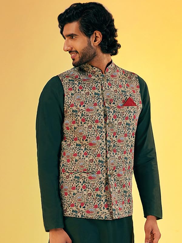 KISAH Men's Nehru Jacket, Olive Cotton Blend, Printed Regular Fit Mandarin Collar Sleeveless (M) - Image 2