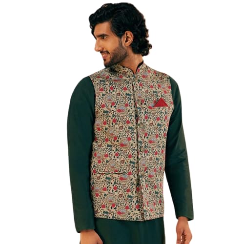 KISAH Men's Nehru Jacket, Olive Cotton Blend, Printed Regular Fit Mandarin Collar Sleeveless (M) - Image 1