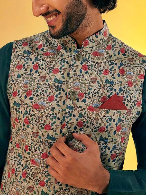 KISAH Men's Nehru Jacket, Olive Cotton Blend, Printed Regular Fit Mandarin Collar Sleeveless (M) - Image 5