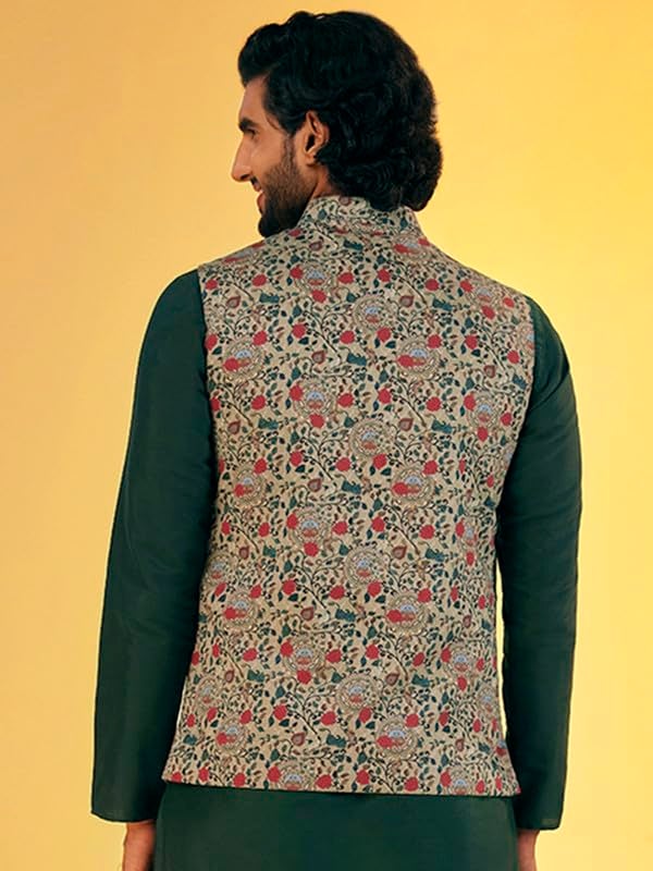 KISAH Men's Nehru Jacket, Olive Cotton Blend, Printed Regular Fit Mandarin Collar Sleeveless (M) - Image 4